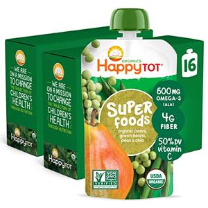 Happy Tot Organics Stage 4 Baby Food Pouches, Gluten Free, Vegan Snack, SuperFoods Fruit & Veggie Puree, Pears, Peas, Green Beans & Chia, 4.22 Ounce (Pack of 16) Exp 11August2025