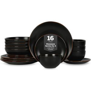 Stone Lain Brasa Stoneware 16 Piece Modern Dinnerware Set, Plates and Bowls, Service for 4, Black, Microwave & Dishwasher Safe
