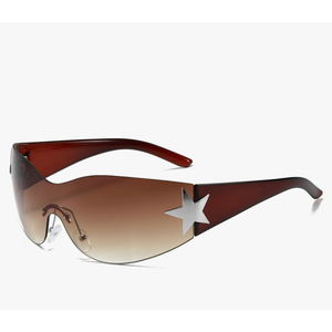 AIEYEZO Fashion Rimless Y2K Sunglasses for Women Men 2000s Wrap Around Style Sun Glasses Trendy Y2K Shades (Brown/Brown Gradient)