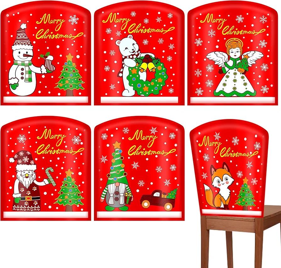 Kewlife gift 6PCS Christmas Decorations 3D Chair Covers, Santa Claus Snowman Reindeer Red Chair Back Covers for Christmas - Xmas Dining Room Chair Covers