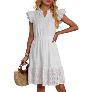 Boho Summer Dresses 2026 Resort V Neck Ruffle Sleeveless Hollow Out Lace Casual Beach Mini Vacation Dress