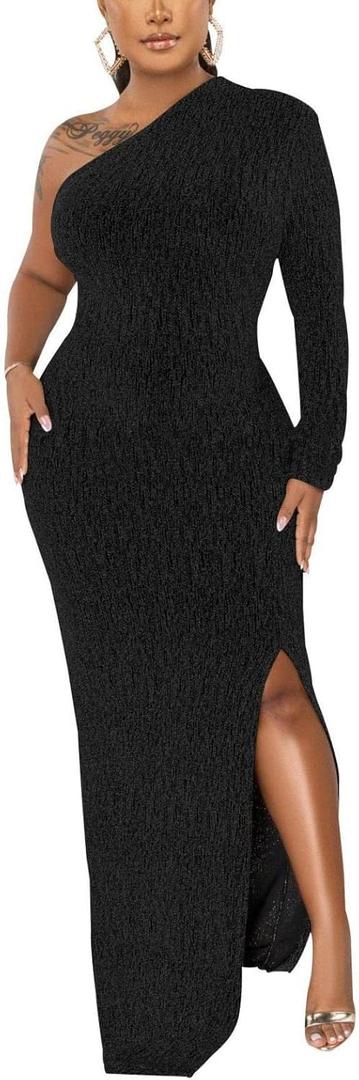 Women's Formal Dresses Elegant Long Sleeve Evening Party Dress Sexy One Shoulder High Split Cocktail Gowns, Large