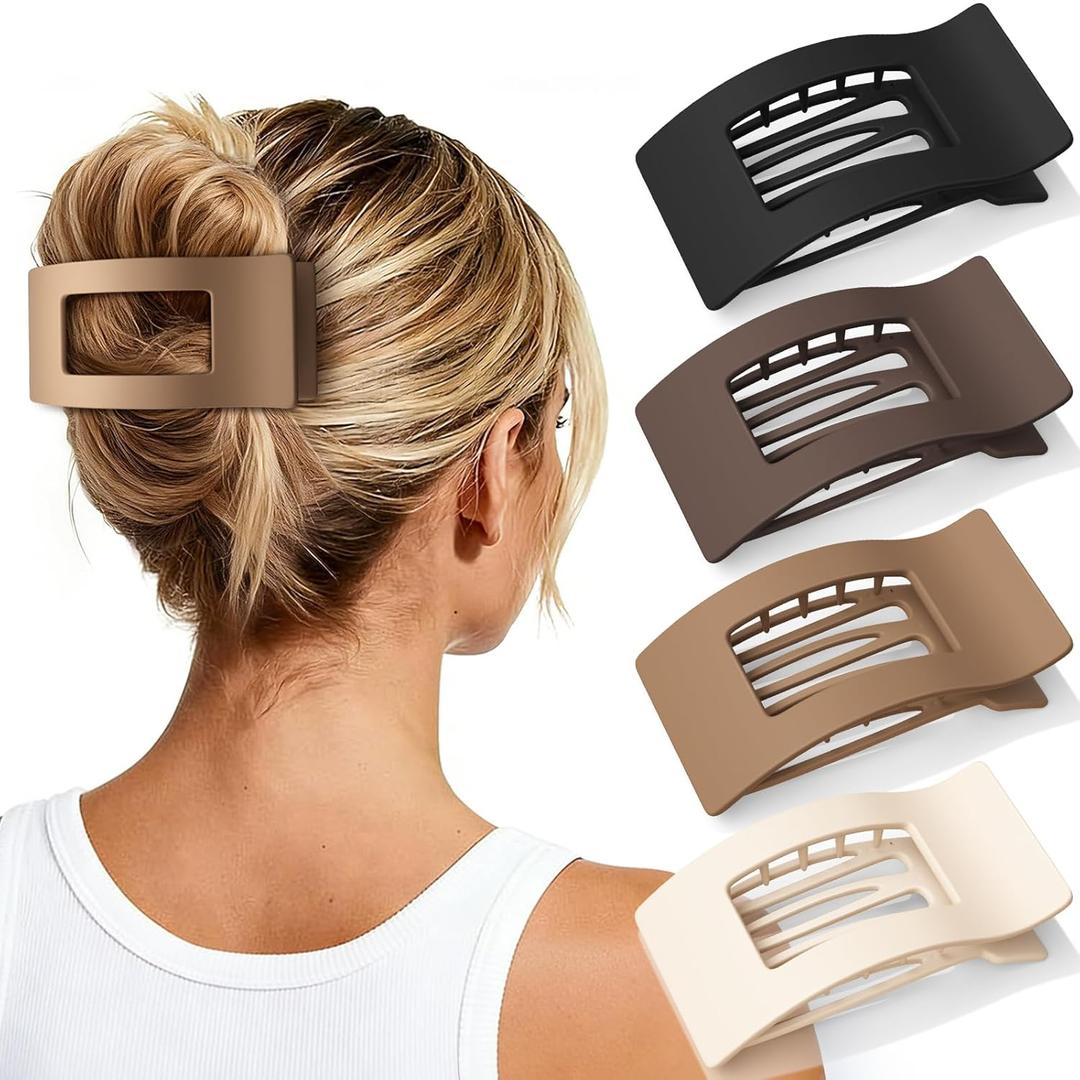 Oeusnae 4 PCS Flat Hair Clips for Women Girls, French Concord Lay Down Claw Clips for Thick Thin Hair, Comfortable Curved Large Flat Clips, Matte Non-slip Strong Hold Hair Accessories, Brown