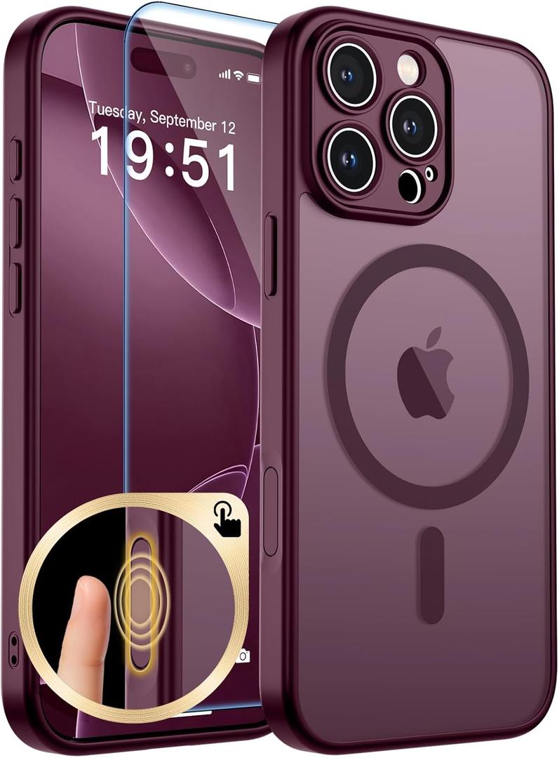 zapica Magnetic for iPhone 16 Pro Max Case, Upgraded [Camera Control Button] [Full Camera Protection] [with 1 Screen Protector] Translucent Matte Shockproof Protective Phone Cover, Burgundy
