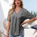 Short Sleeve Blouses for Women Leopard Print Summer Top Dressy Casual Business 3/4 Sleeve Cold Shoulder Chiffon Shirts (Black, S)