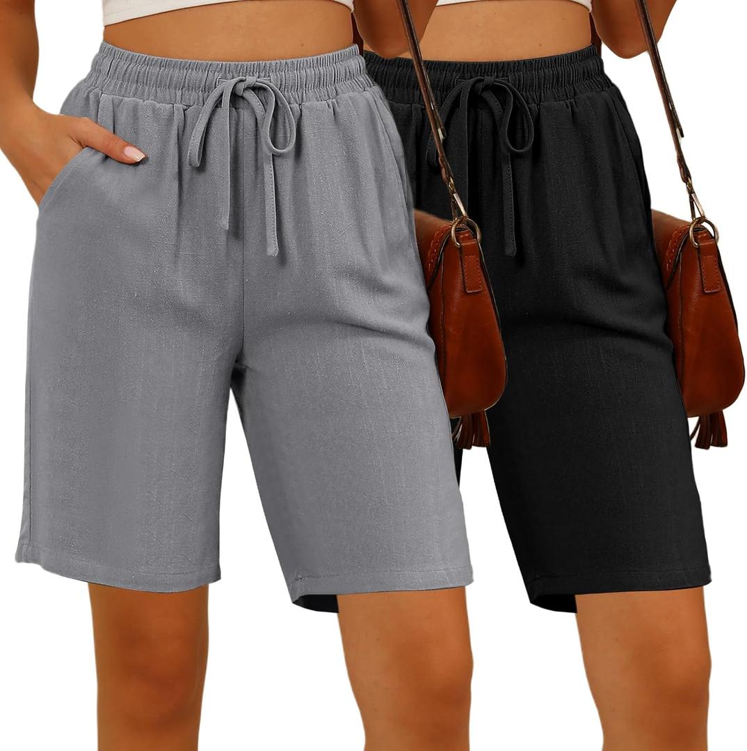 Ficerd 2 Pack Women's Linen Shorts Casual Drawstring Bermuda Summer Wide Leg Knee Length Shorts with Pockets (Black, S)