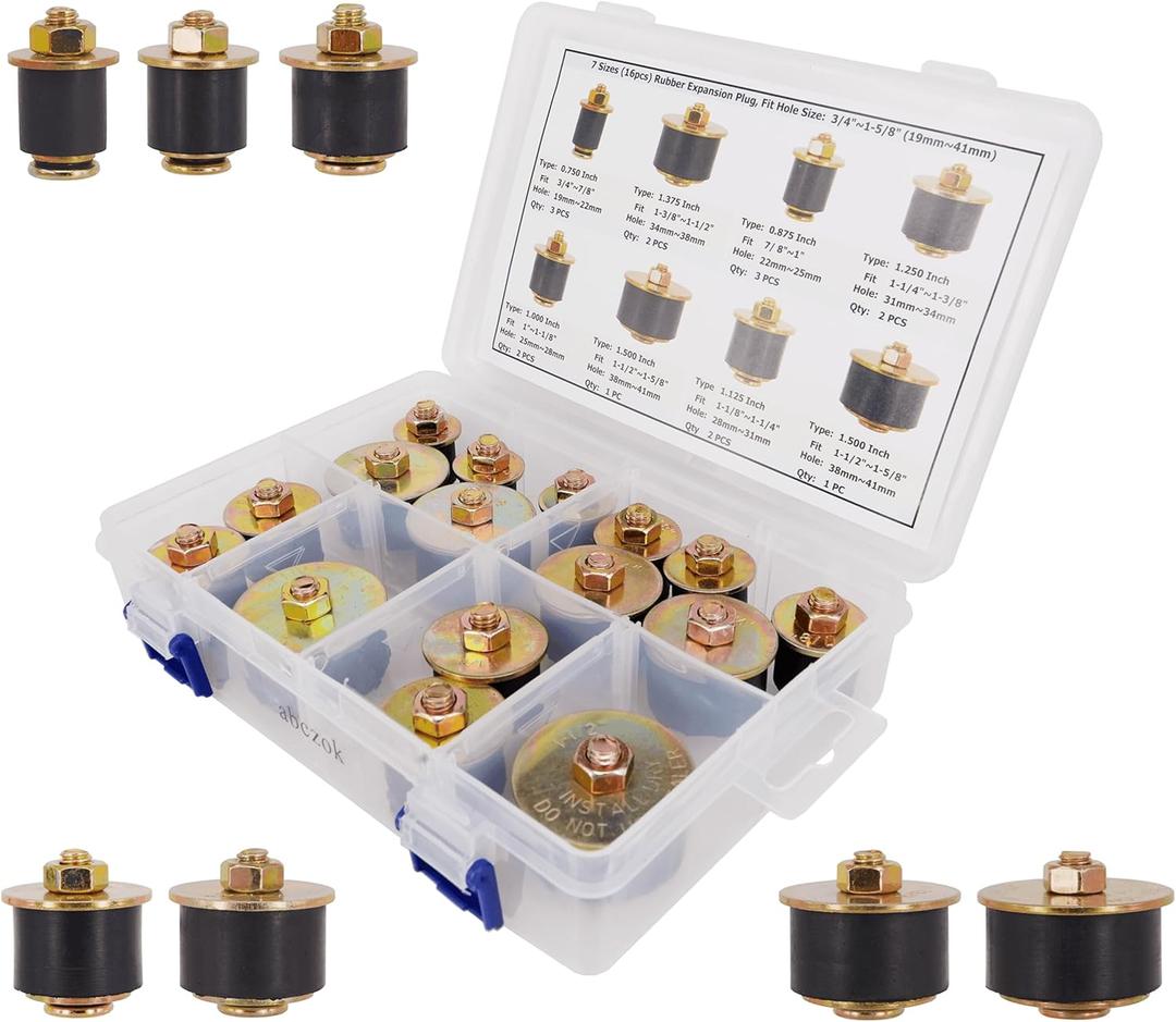 7 Sizes 16pcs Rubber Expansion Plug, Automotive Rubber Expandable Freeze Plugs Kit Fit Hole Size:3/4" 7/8" 1" 1-1/8" 1-1/4" 1-3/8" 1-1/2" (19mm~41mm)