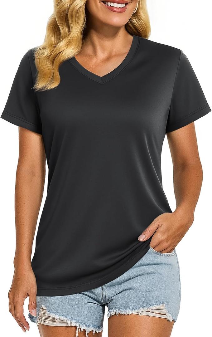Boladeci Women's Swim Shirts - UPF 50+ Sun Protection Short Sleeve V Neck T-Shirts Workout Tops (Black, S)