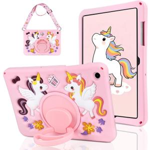 WESADN Case for Samsung Galaxy Tab A11+ Plus 2025,Galaxy Tab A9+ Plus Case 11 Inch 2023 Kids Girls with Strap Rotating Stand Handle Cartoon Unicorn Samsung Tab A11+/A9+ Tablet Case Soft Silicone,Pink