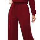PINSV Women's 2 Piece Outfits Sweatsuit Set Long Sleeve Crop Top Drawstring Wide Leg Pants with Pockets Track Suits Casual Sets Wine XL