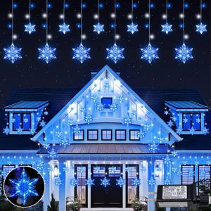 Christmas Snowflake Lights,8.2ft 144LED Curtain Icicle Lights with 12 Drops,Connectable 8 Modes Timer Xmas Icicle Light Plug in for Bedroom,Window,Wedding,Indoor Outdoor Decor,Blue White