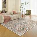 5x7 Washable Area Rug for Living Room, Floral Non-Slip Non-Shedding & Easy Care, Soft Low Pile Forest Boho Indoor Floor Carpet for Living Room, Bedroom, Farmhouse, Dining Room, Kids Playroom, Beige