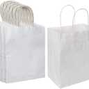 Oikss 100 Pack 8x4.75x10 Inch Medium White Kraft Paper Bags with Handles Bulk for Birthday Wedding Party Favors Grocery Retail Shopping Business Takeout Goody Craft Gift Bags Sacks, (100pcs Count)