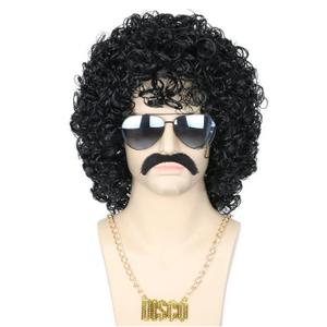 Topcosplay Black Afro Jerry Curl Wig for Men or Women 5pcs Set 70s 80s Disco Hippies Wig Rock Party Outfit Short Curly Wigs Halloween Costume Accessories