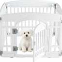 Sweetcrispy Plastic Dog Playpen - 4-Panel 24" Expandable & Durable Pet Fence for Medium Dogs - Indoor & Outdoor Portable Puppy Playpen with Secure Locking Door - Morden White