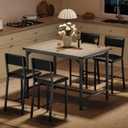 GarveeHome Dining Table Set for 4 W/Footrest & Backrest, Counter Height Table with 4 Upholstered Bar Stools, Kitchen Table Set with Corner Protector, for Small Space, Retro Gray