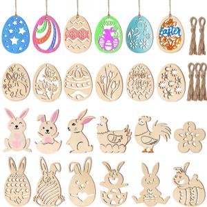 Toyvian Easter Wooden Cutouts Ornaments, 48Pcs Blank Unfinished Wood Hanging Tags with Markers for DIY Craft Springtime Flower Butterfly Crafting Supplies for Birthday Party Holiday