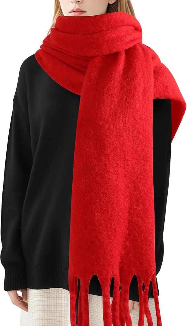Premillow Women's Mohair Winter Scarf Pure Color, Warm Winter Scarf for Women and Men, Soft Luxurious Cashmere Feel Scarfs (Red)