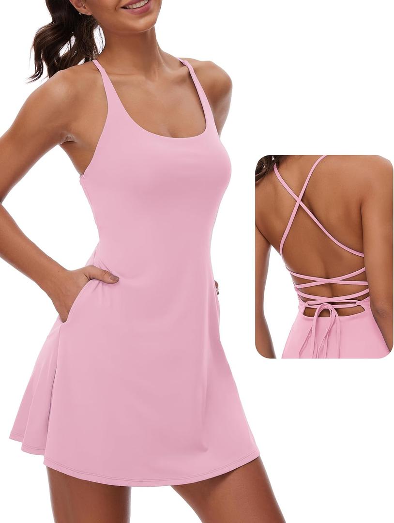 M MOTEEPI Women's Workout Golf Dress with Pockets Built-in Bra & Shorts Sleeveless Open Back Tennis Active Dresses (Large, Pink)