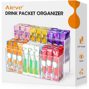 AIEVE Drink Packet Organizer, 2-Tier Water Flavor Packet Holder for Pantry Storage, Acrylic Drink Mix Organizer Hydration Powdered Mixes Holder Container for Cabinet Kitchen Storage