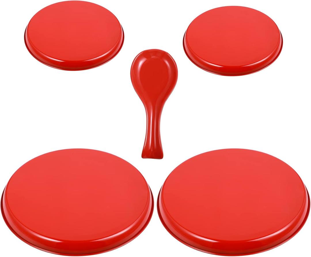 4 Pcs 8" 10" Electric Stove Burner Covers 1 Pcs 3.8" x 8.7" Ceramic Spoon Rest Stainless Steel Stove Top Covers for Gas Burners Spoon Holder for Winter Kitchen Coffee Bar Accessories(Red Cover)