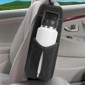 Linkidea Car Seat Side Large Water Bottle Holder Compatible with Owala FreeSip 24oz/32oz, Yeti Rambler 26oz/36oz, Auto Seat Large Car Bottle Hanging Storage Organizer with Mesh Pocket, Black