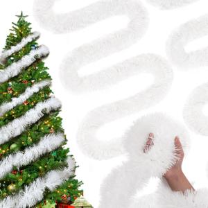 Ceenna 89FT Christmas Tree Tinsel Garland Christmas Metallic Streamers Twist Garland Hanging Decorations for Holiday New Year Wedding Birthday Party Indoor Outdoor Supplies(White)