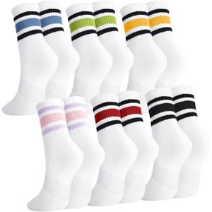 6 Pairs Retro Stripe Tube Socks Classic Athletic Sport Running Crew Casual Cotton Novelty Socks for women Girls 7-11