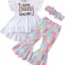 Noubeau Toddler Baby Girl Easter Outfits Ruffle Letter Rabbit Print Dress Shirt Top Leopard Bell-Bottom Flare Pant Headband (White), Size 9-12M