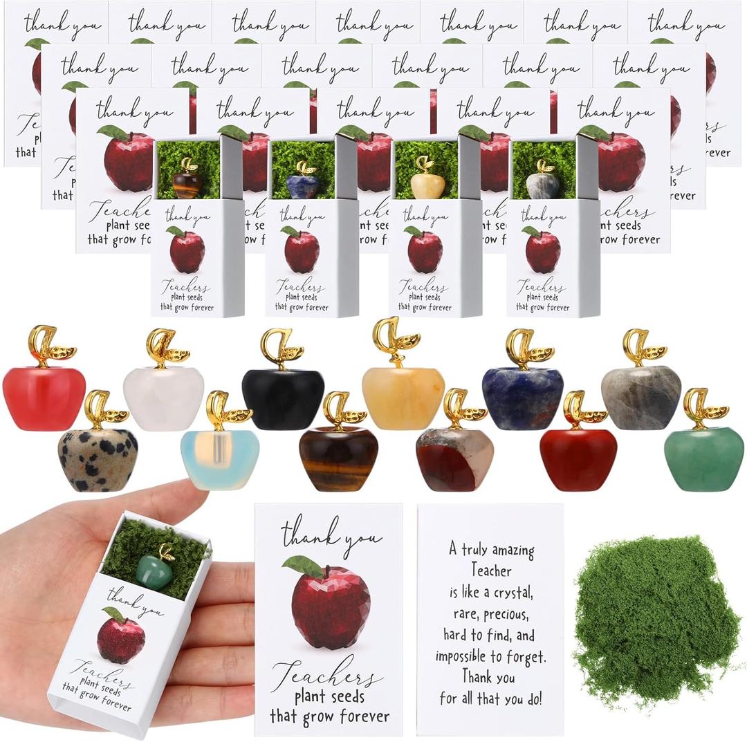 Motipuns 24 Sets Teacher Appreciation Gifts in Bulk Thank You Teacher Desk Decor Stones Emotional Support Green Moss Matchbooks Paperweights Gifts for Women Men Ece Appreciation Day