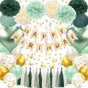 Sage Green Birthday Decorations - Green Party Decorations for Women Girls with Happy Birthday Banner, Balloons,Hanging Swirls, Pom Poms, Balloons for Party Decor (Gold and Green)
