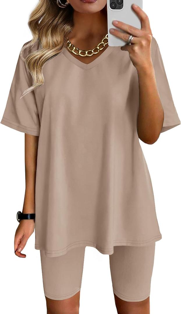 AGSEEM Two Piece Outfits For Women Summer V Neck T-Shirt Tops Biker Shorts Workout Sports Tracksuit (XX-Large, Khaki)