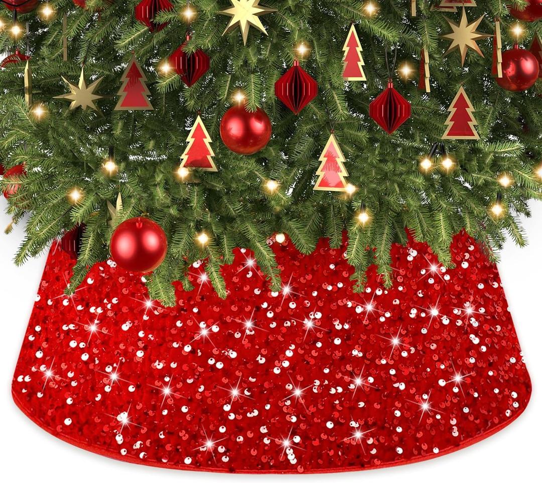 Christmas Red Tree Collar 28" Xmas Tree Collar for Artificial Trees Velvet Fabric Christmas Tree Base Cover with Sequin Christmas Tree Skirt Foldable Tree Ring for Home Decoration Supplies (28.3 Inch)