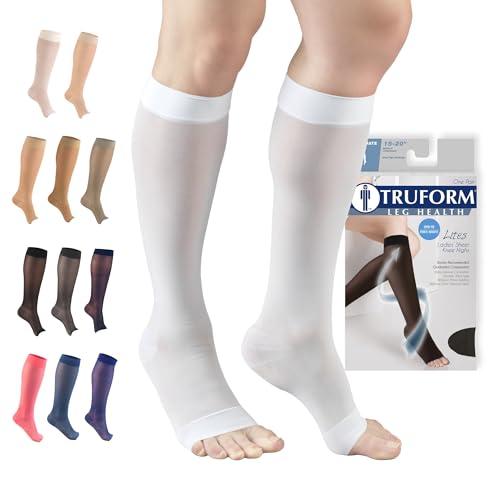 Truform Sheer Compression Stockings, 15-20 mmHg, Women's Knee High Length, Open Toe, 20 Denier, White, Large