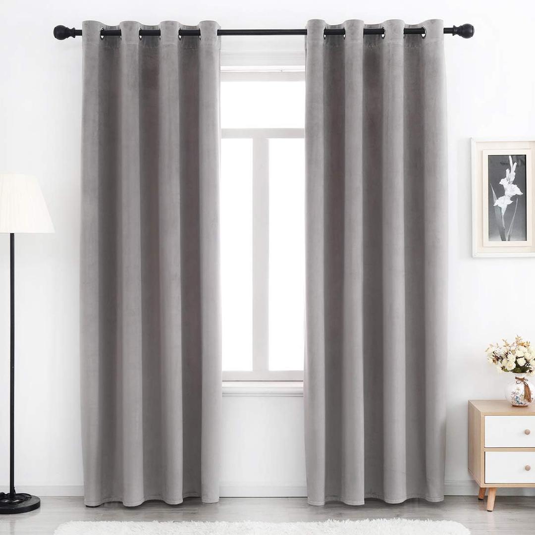 SPXTEX Grey Velvet Curtains for Living Room and Bedroom - Super Soft, Blackout, Heavy, 108 Inches Long With Grommets - Set of 2 Panels, Light Grey
