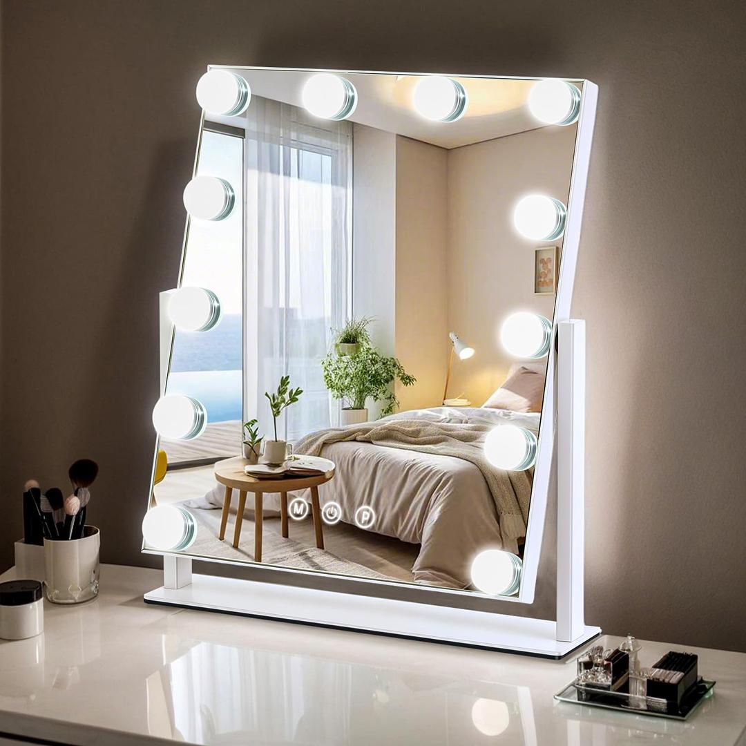 ZBOCAI Vanity Mirror with Lights, 13'' x 11'' Lighted Makeup Mirror for Desk, Hollywood Mirror with 12 Dimmable Bulbs, 3 Color Modes, Smart Touch Control, 360°Rotation, Gifts for Mothers Day, Girls