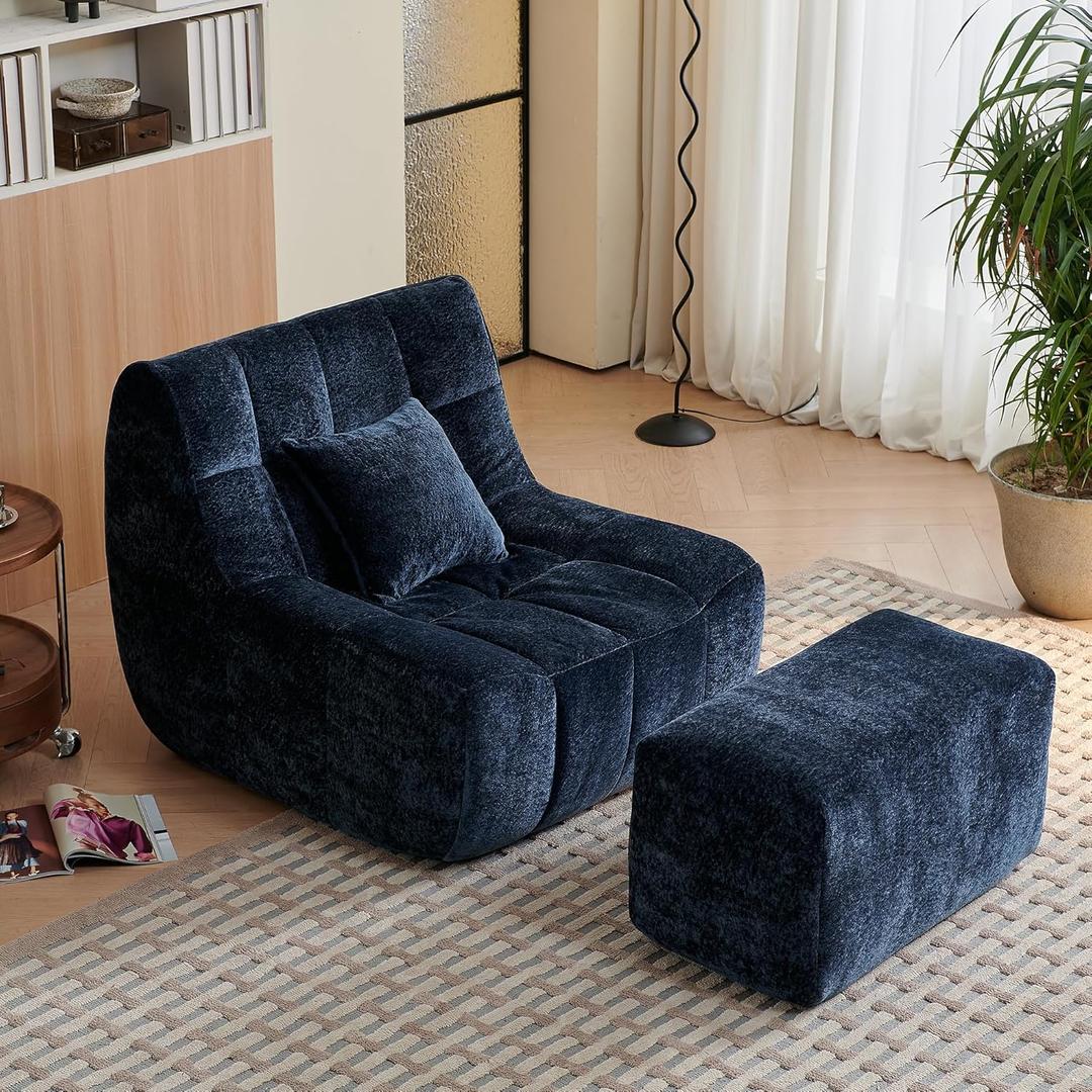 Bean Bag Chair with Footrest, Integrated Sponge Core Lounge Chair, No Loose Shredded Foam, Soft Velvet Bean Bag Sofa with Backrest for Adults, Bedroom, Living Room, Dorm (Blue)