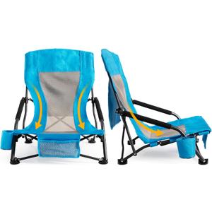 Portable Folding Beach Chair for Adults Set of 2 - Lightweight Low Back Sling Chair with Cup Holder & Storage Pocket, 300lbs Capacity Camping Chair for Outdoor Lawn (Blue)