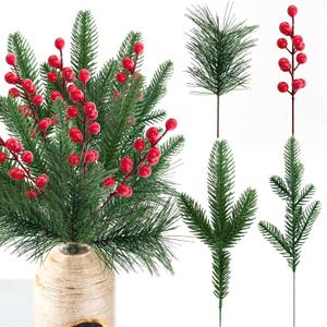 24 Pcs Christmas Artificial Pine Picks and Red Berry Stems, 10.5 Inch Greenery Pine Sprigs, 8 Inch Red Berry Branches, Faux Holiday Floral Picks for Wreaths, Garlands, Craft DIY, and Xmas Decorations