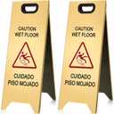 MorningRo 2 Pcs 24 Inch Stainless Steel Wet Floor Sign, Gold Heavy Duty Caution Wet Floor Sign Double Sided Portable Foldable Bilingual Safety Warning for Restaurant Restroom Office Avoid Fall