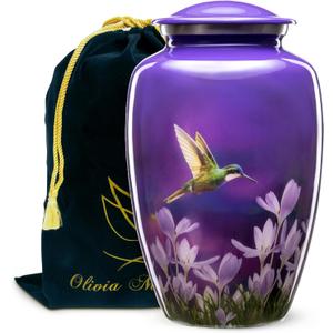 Olivia Memorials Urn for Ashes Women Men Adult | Hummingbird Urns for Female Male | Free Pendant Necklace | Human Funeral Decorative Purple Urna for Mom Dad Pet Dog