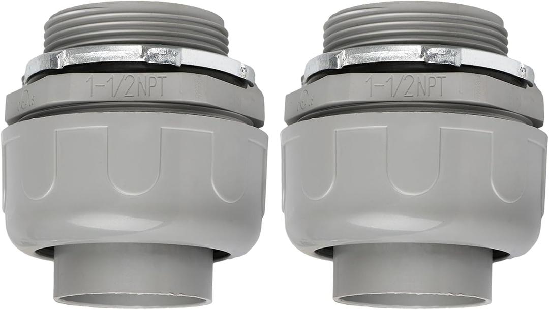 Conduit Connectors, 1-1/2 Inch Liquid Tight Connector NPT Non-Metallic for PVC Electrical Flexible Conduit Fittings, 180 Degree Straight, UL Listed for Home Outdoor Tubes Tools, Grey (2-Pack)
