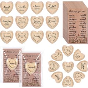 60 Set God Says You Are Inspirational Christian Gifts for Women Bulk, Religious Gifts Bulk Wooden Pocket Heart Token with Holy Encouragement Cards Prayer for Church Sunday School Women Coworker