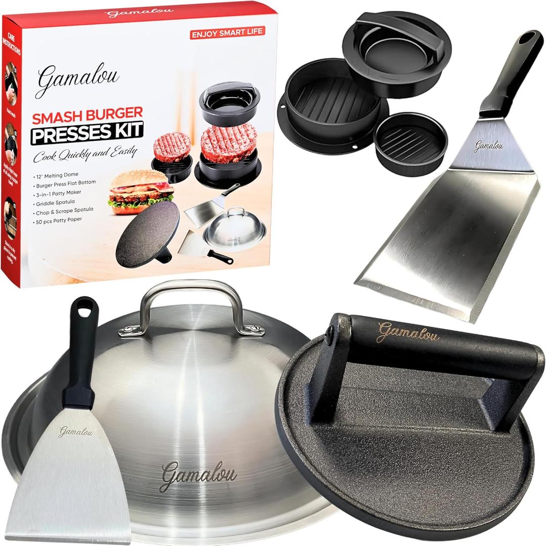 Gamalou Smash Burger Press Kit: 7" Cast Iron Grill Press, 12" Melting Dome, 3-in-1 Patty Maker, 4.3" Spatula & 4" Scraper, Griddle Accessories for Blackstone, Grills, Flat Top, BBQ, Fry Pan
