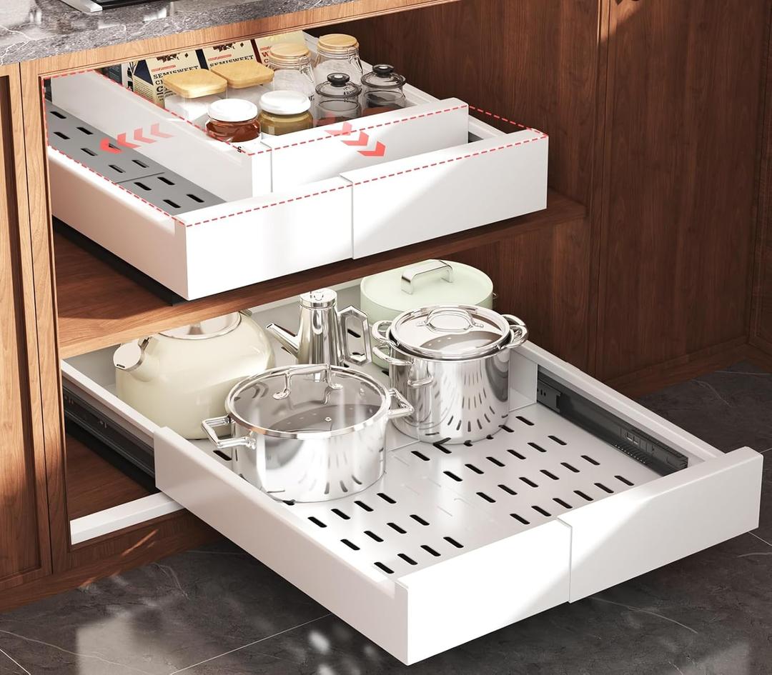 Seinloes 2 Pack Pull Out Cabinet Organizer Expandable Width(11"-16") and Depth(17"-24"),Slide Out Drawers with Raising Pad for Framed Cabinets,No Drill Roll Out Shelves for Kitchen,Bathroom,White