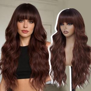 Long Auburn Wigs with Bangs 26Inch Wavy Curly Reddish Hair for Women Tangle Free Soft Natural Looking Premium Heat Resistant Protein Fiber Daily Party Use