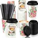 Jingmore 50 Pcs Wedding Coffee Cup Love Is Brewing Bridal Shower Decoration Disposable Wedding Paper Drinking Tumbler Bulk with Lid Straw Custom Reception Cup Engagement Mothers Day Party (Floral)