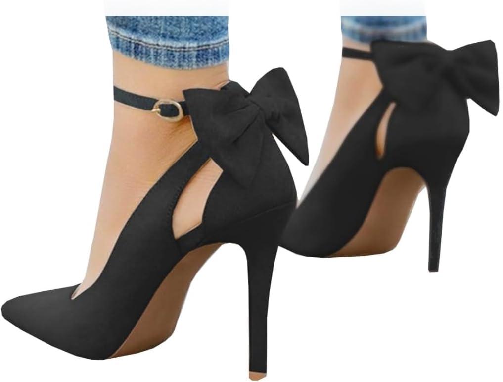 Fashare Womens High Heels Bow Tie Back Sexy Stiletto Ankle Strap Wedding Dress Pumps Shoes (10)