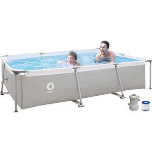 Above Ground Swimming Pool with Filter Pump, Outdoor Rectangle Steel Frame Pool for Backyard, Gray 10ft x 6.8ft x 25.6in