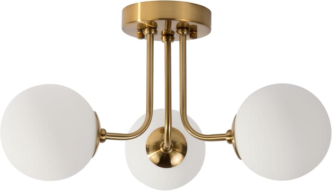 Modern Semi Flush Mount Ceiling Light 3-Light,Globe White Glass Shade Semi Flush Mount Ceiling Light, Sputnik Chandeliers for Bedroom Hallway Dining Room Lighting Fixture